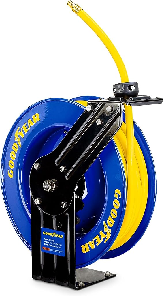 Goodyear Air Hose Reel Retractable 3/8" Inch x 50' Foot SBR Rubber Hose Max 300PSI Heavy Duty Industrial Steel Single Arm Construction | Retractable air hose reel pairs a SBR Rubber Hose Max 300PSI Heavy Duty Industrial for Garage or Car Workshop