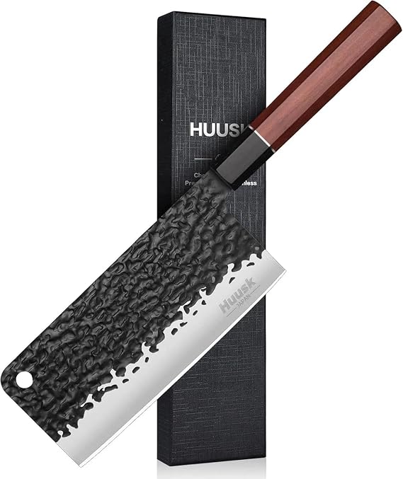 Huusk Japanese Meat Cleaver Knife - 6.7 Hand Forged Knives, 3 Layers 9CR18MOV High Carbon Kitchen Knife, Professional Sharp Cooking Knives with Ergonomic Handle Christmas Gift for Men and Women