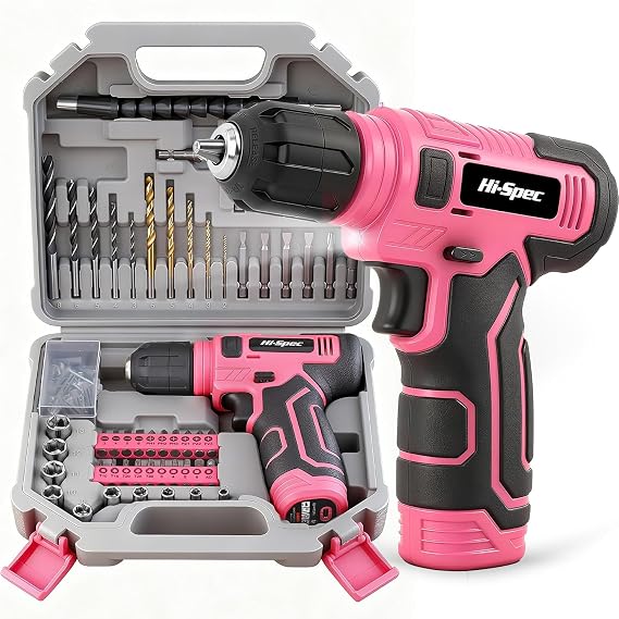 Hi-Spec 8V USB Cordless Drill Driver Set with Toolbox for Home DIY, Pink