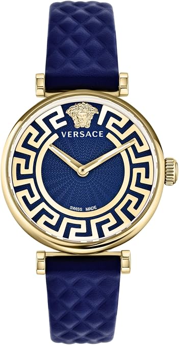Versace Greca Chic Collection Luxury Womens Watch Timepieces with a Blue Strap and Dial Featuring a Gold Case