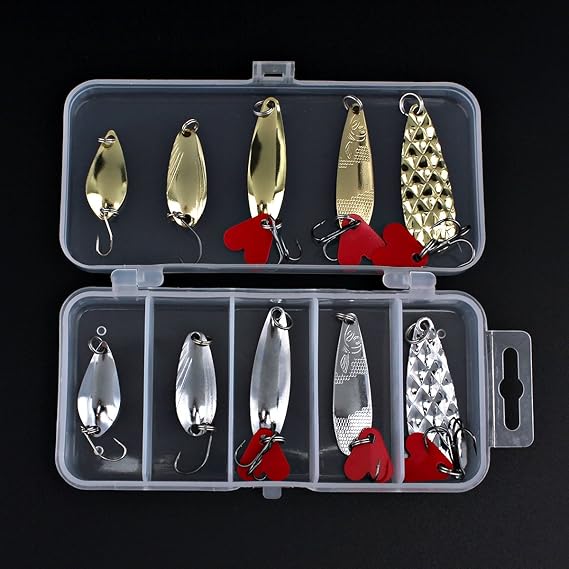 10pcs Metal Spoons Lures Kit with Hook Tackle Box, Hard Fishing Lures, Sequin Baits for Trout, Panfish, Bass