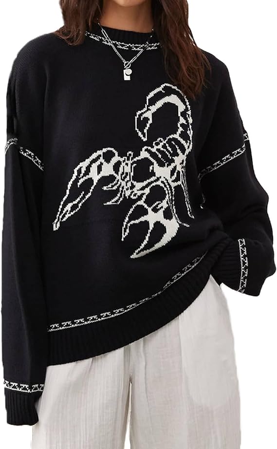 Women Y2k Graphic Sweater Top Long Sleeve Crewneck Cute Jumper Vintage Aesthetic Oversized Knit Pullover