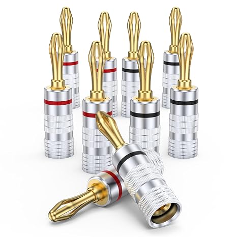 MOSWAG Banana Plugs for Speaker Wire (5 Pairs/10 pcs) Banana Plug Adapter | Brass Speaker Connectors with Dual Set Screws, Black and Red Shell Banana Plugs for Home Theater, A/V Receiver, Amplifiers