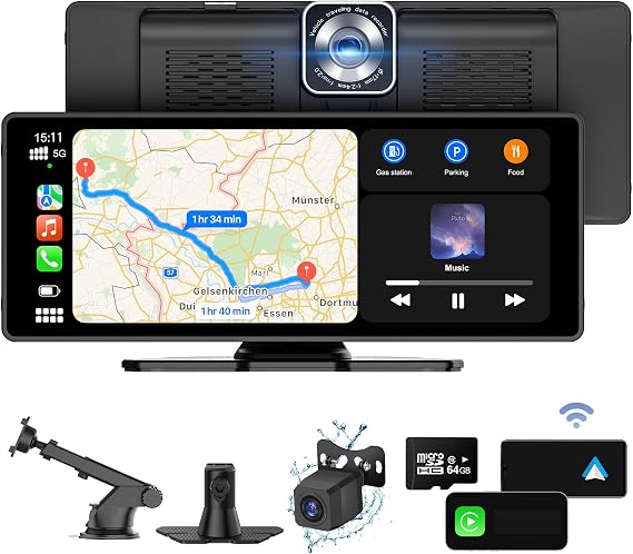 Apple Carplay Screen for Car, 9.3'' Portable Apple Carplay & Android Auto, Car Audio Receivers with 2.5K HD Dash Cam, 1080p Backup Camera, Voice Control, Mirror Link, Bluetooth, GPS Navigation
