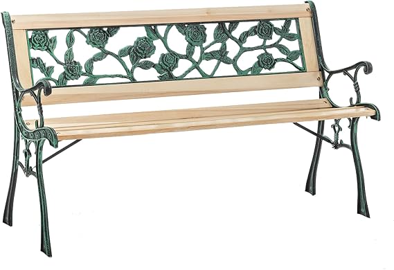 BIRCHTREE 3 Seater Wooden Slat Garden Bench Seat Rose Style Cast Iron Legs
