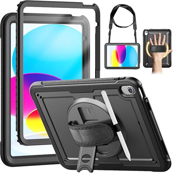 KAIJIAbox for iPad (A16) 11th/10th Generation Case 11''/10.9 Inch 2025/2022 | Full-Body Shockproof Protective Case with Screen Protector, 360 Rotating Stand, Hand & Shoulder Strap, Black