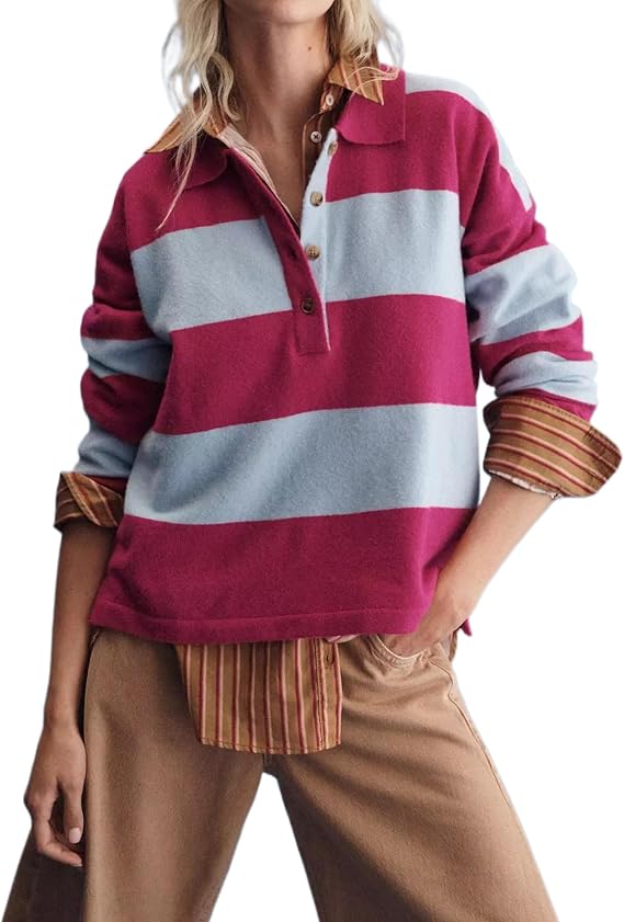 Womens Rugby Shirt Striped Polo V Neck Long Sleeve Sweater Oversized Fall Sweatshirt Cute Half Button Pullover
