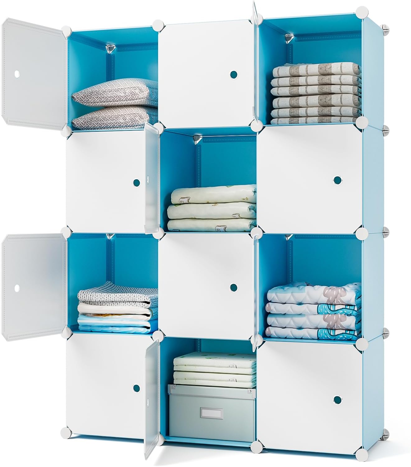 Closet Organizer, 12-Cube Storage with Doors, Portable Closet Storage System, Clothes Organizer Shelf for Bedroom, Wardrobe, Blue