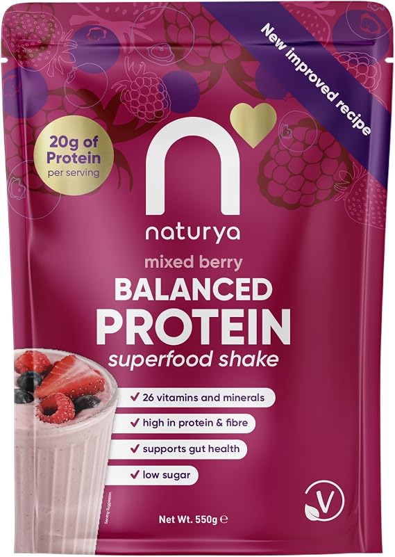 Naturya Balanced Protein Superfood Shake Mixed Berry 550 g – Plant-Based Complete Meal Shake with 20 g Protein, 26 Vitamins & Minerals, High Fibre, Low Sugar