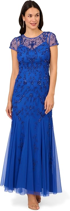 Adrianna Papell Womens Bead Mesh Godet Gown