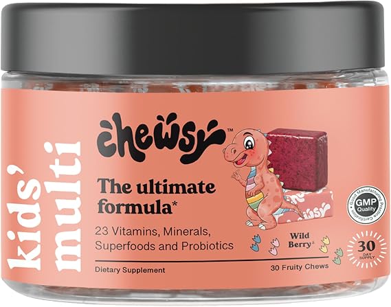 Chewsy Kids Multivitamin, Delicious Candy-Style Daily Vitamin Chews + Probiotics + Superfoods, Wild Berry Flavor Chewable Fruity Supplement Chews, Individually Wrapped, Easy to Enjoy, 30-Day Supply