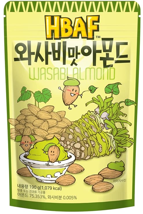 [HBAF] Korean Wasabi Almonds Nut Protein Snack | Nutritious & Gluten Free | After-School, Work, Office, Trip Camping Snack | Pre-workout Snack | Korean Sovenior (Wasabi, 1x190gram pack)