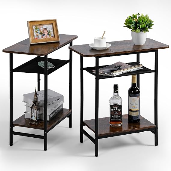 Narrow Side Table Set of 2 for Small Spaces, 3-Tier End Table for Living Room with Wide Storage Tabletop, Rustic Brown Slim Nightstand for Bedroom, Couch,Sofa