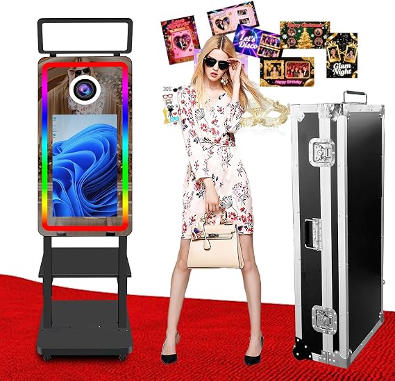 Latest Model 40in Magic Mirror Photo Booth with 21.5inch Touch Screen with Square Lamp, Mirror Photo Booth with Built-in Mini PC Social Media Share for Weddings, Parties (Black, Photo Booth)