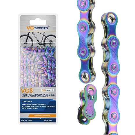 VG SPORTS 6/7/8/9/10/11 Speed Bike Chain,Half/Full Hollow Lightweight Bicycle Chain for Road Bike MTB, Rainbow, 116 Links with Missing Link
