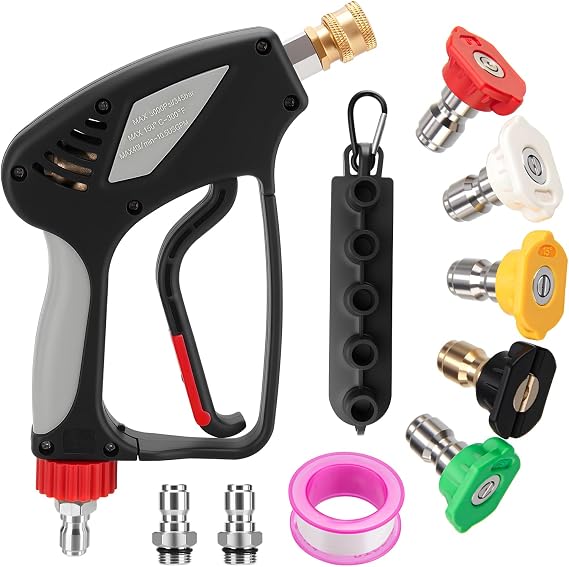 Short Pressure Washer Gun, Pressure Washer Gun with Nozzle Tips, 3/8" Quick Connect Plug and M22-14mm Fitting, 5000 PSI