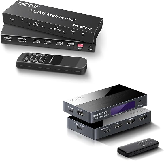 4K@60Hz 4 in 2 Out HDMI Switch and 8K HDMI Switch 5x1 with 3 HDMI & 2 USB-C Input