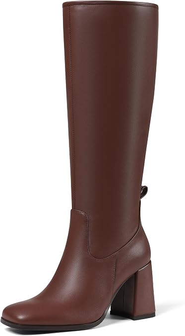 Knee High Boots for Women Square Toe Chunky Block Heel Long Boots Side Zipper Tall Boots Comfortable High Heel Boot