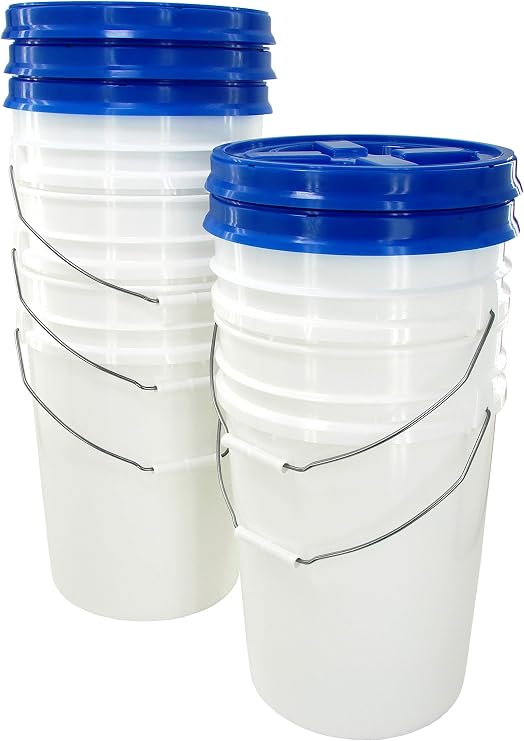 White 6 Gallon Bucket with Blue Gamma Seal Lid, 5 Pack
