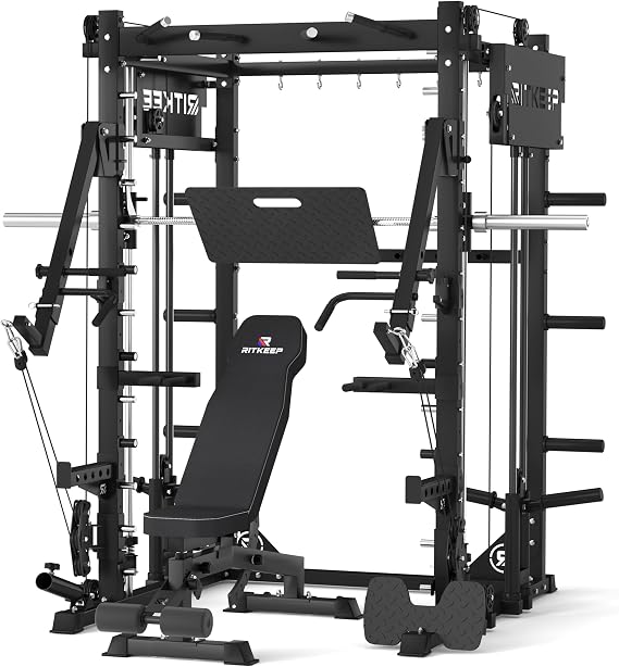 RitKeep Smith Machine with Jammer Arms & Leg Press Board for Home Gym | Multi-Function Commercial Power Rack with Adjustable 1:1/2:1 Pulley Ratios, 1800LB Capacity for strength training -PMAX-4750