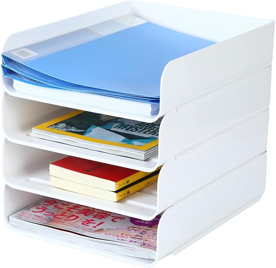 4-Tier Storage Basket for A4 Document Tray Made of PET Plastic Letter Tray Letter Tray Organiser (White)