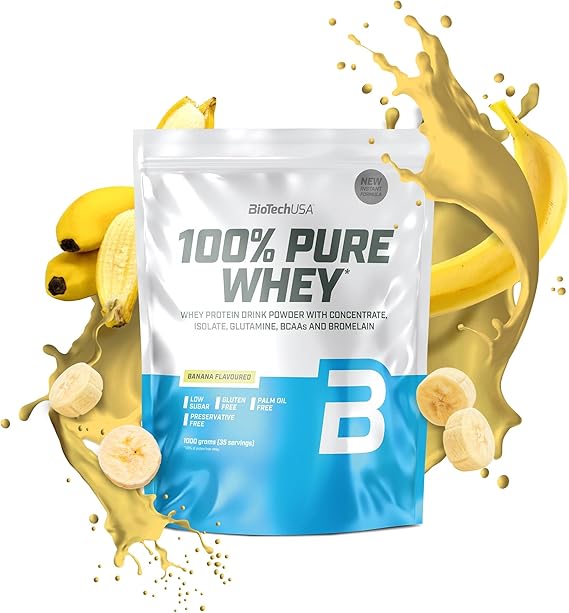 BioTechUSA 100% Pure Whey | Protein Powder with BCAA and Glutamine | Gluten-Free, Palm Oil Free | 21g Protein per Serving, 1 kg, Banana