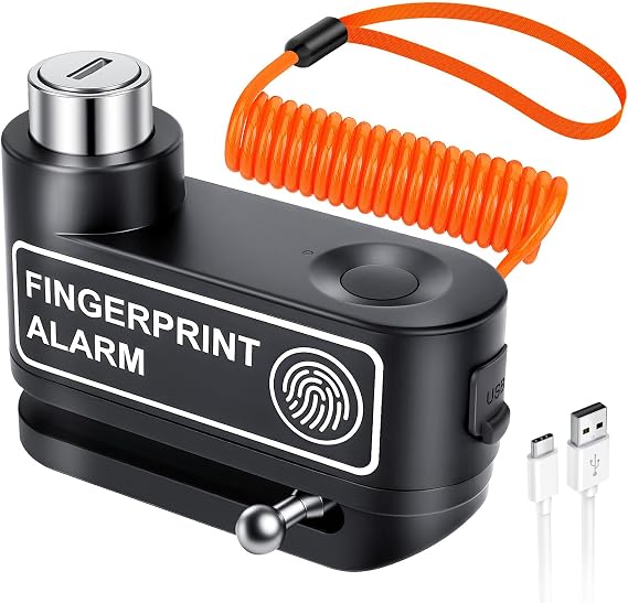 Motorcycle Disc Brake Lock with Alarm, Fingerprint Anti-Theft Motorcycle Lock Rechargeable, 7mm Pin Disc Locks with 5ft Reminder Cable for Motorbike Scooter Bikes