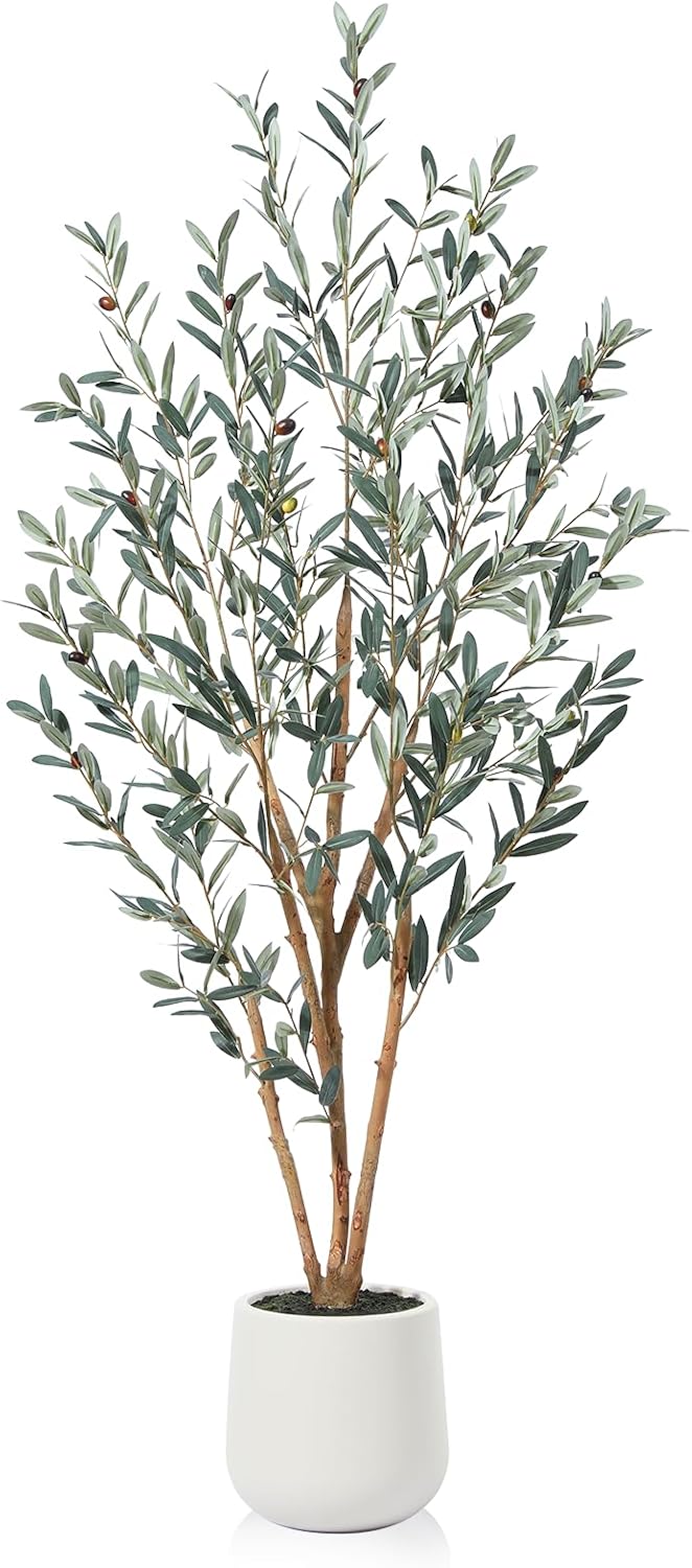 Faux Olive Tree, 6ft Tall Olive Trees Artificial for Indoor with Natural Wood Trunk and White Ceramic Planter, Fake Olive Tree for Home Office Decor, 1 Pack