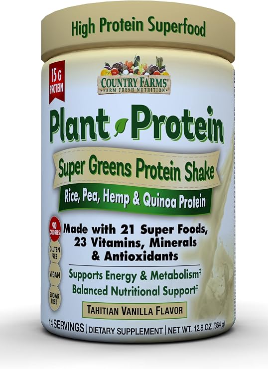 Country Farms Super Greens Plant Protein Supplement, Made with 21 Super Foods, 23 Vitamins, Minerals & Antioxidants, Supports Energy & Metabolism, Vanilla Flavor, 14 Servings