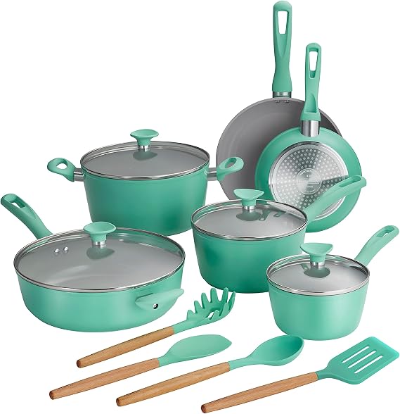 Tramontina Solara 14-Pc Ceramic Non Stick Pots and Pans Set with Lids | Heavy-Gauge Aluminum Cookware Kitchen Set with Ceramic Nonstick Coating, Dishwasher and Oven Safe - Teal