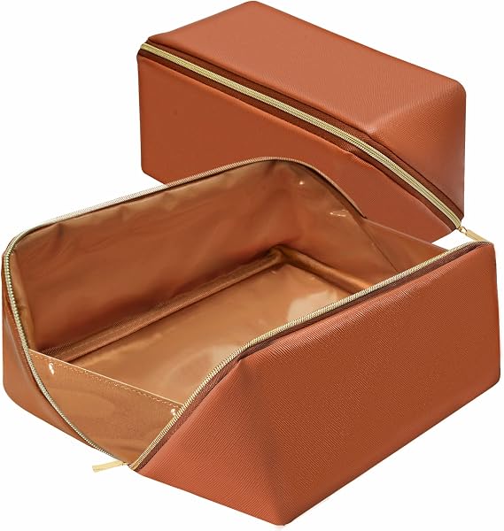 Large Makeup Bag Travel Cosmetic Bags with Brush Compartment and Removable Divider Portable Make Up Bag with Handle Waterproof Leather Toiletry Bag Makeup Organiser Case for Women (Brown)