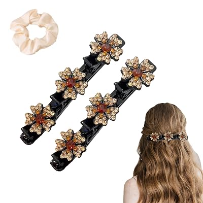 AITELEI 2pcs Sparkling Crystal Stone Braided Hair Clips, Flower Rhinestone Hair Clips Braid Hair Duck Bill Clips Hair Accessories, Casual, Champagne, Floral, Women & Girls