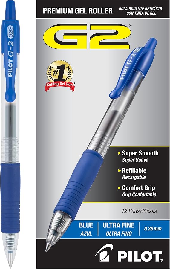 PILOT G2 Premium Rolling Ball Gel Pens, 0.38mm, Blue Ink, 12-Pack