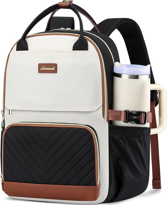 Laptop Backpack for Women Girls Teens: 15.6 Inch College School Bookbag with Pouch Pocket for Large Cup Casual Daypack for Student Waterproof Travel Backpack for Teacher Nurse Beige Black Brown