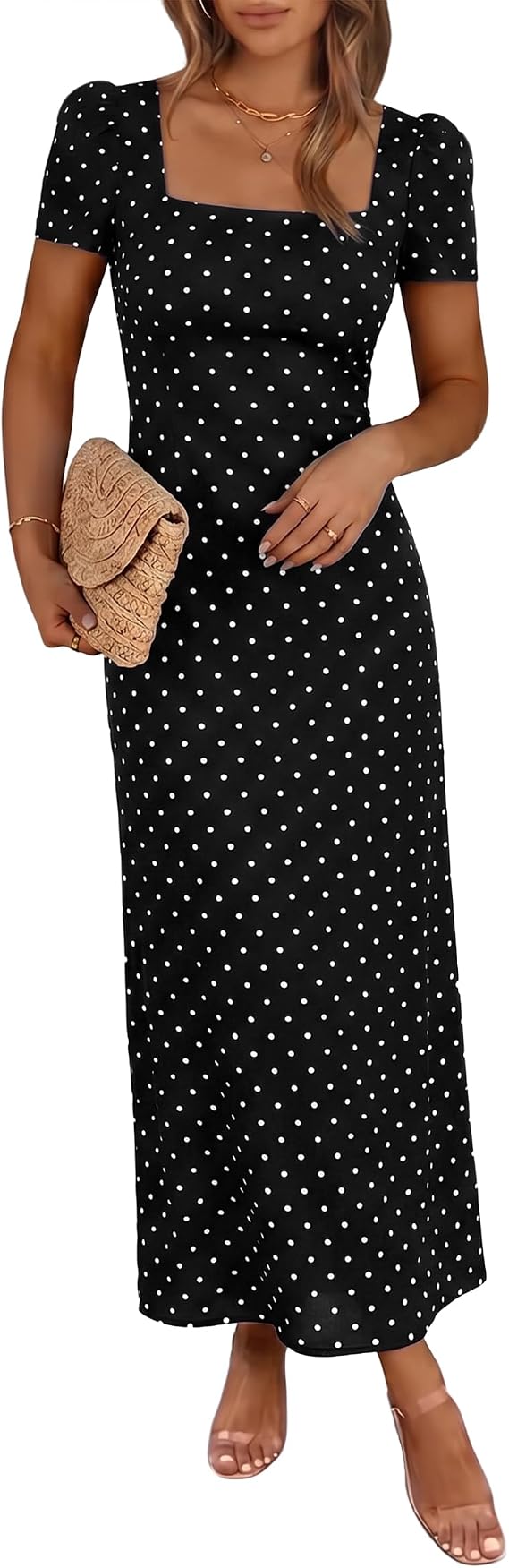 Lingswallow Womens Polka Dot Dress Short Sleeve Bodycon Midi Dresses