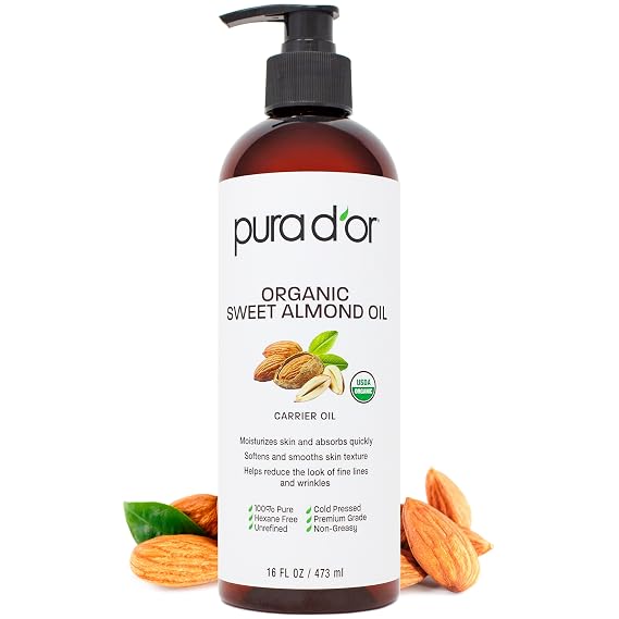 PURA D'OR USDA ORGANIC 100% PURE Sweet Almond Oil, for Hair & Skin, 16 Oz