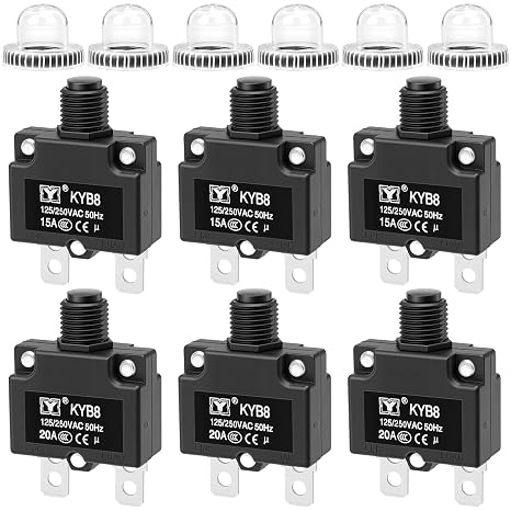 15Amp 20Amp Circuit Breakers Push Button Manual Reset, Crazepony Overload Protector Switch Thermal Circuit Breakers with Quick Connect Terminals and Waterproof Button Caps - 6PCS