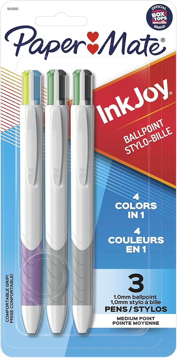 Paper Mate InkJoy Quatro Retractable Ballpoint Pens, 4 Colors in 1 Pen, Medium Point (1.0mm), 3 Count - Convenient, Note-Taking, Comfortable Grip, Ultra Smooth Ink