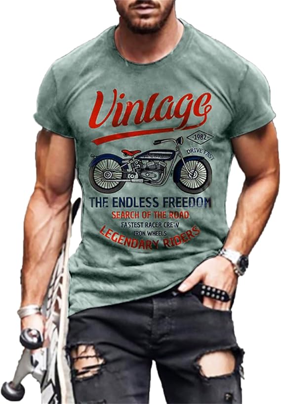 Men's Vintage Motorcycle Print T-Shirt Summer Hip Hop Retro Graphic 3D Printed Short Sleeve Tee Shirt Tops