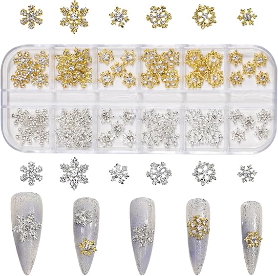 Christmas Snowflake Nail Charm,60Pcs Rhinestone Snowflake Nail Art Gems and Charms,Metal Alloy Gold Silver Snowflake Nail Decorations Nail Rhinestones for Women Girls Manicure Design DIY Crafts