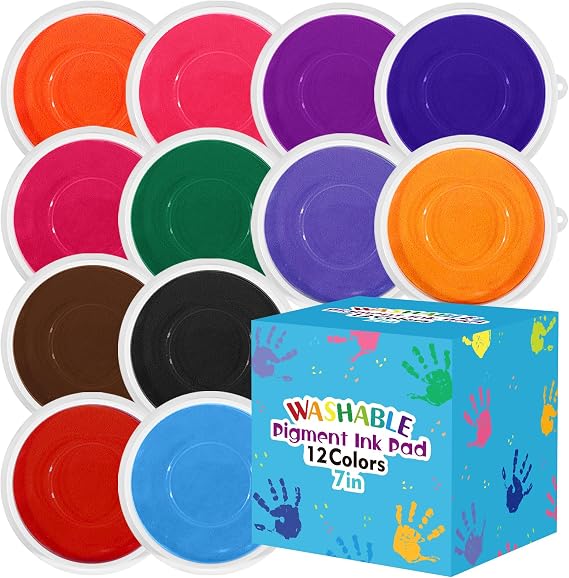 7 Inch Large Ink Pad for Washable | Washable Stamp Pads for Classroom Stamps, Scrapbook Supplies Kit & Fabric Crafts (12 Colors)
