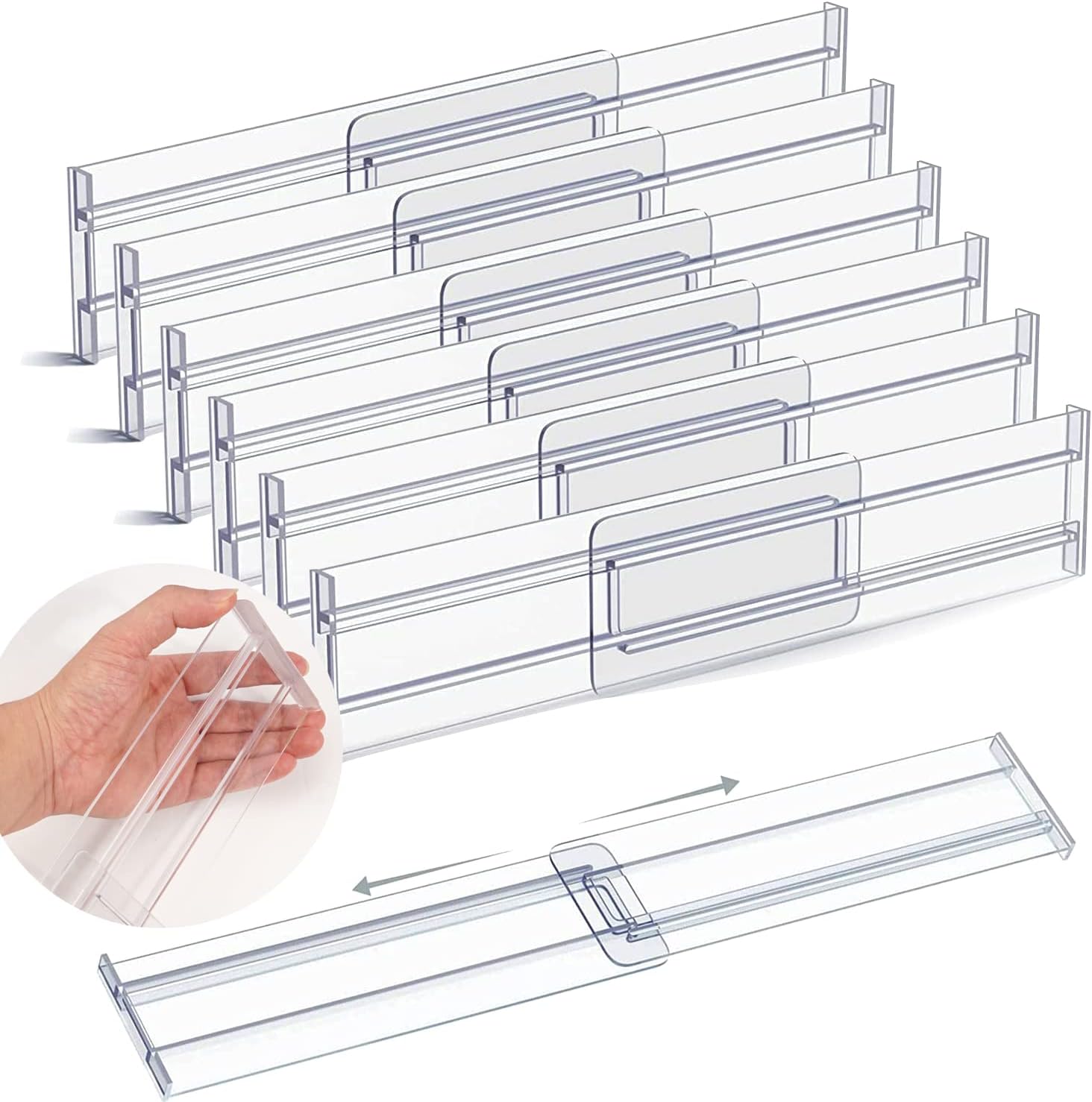Qearl 6 Pack Drawer Dividers Organizers Adjustable 3.2 High Expandable from 11-20 Kitchen Drawer Plastic Drawers Separators for Clothing Kitchen Utensils Makeup Office StorageAttached Tape