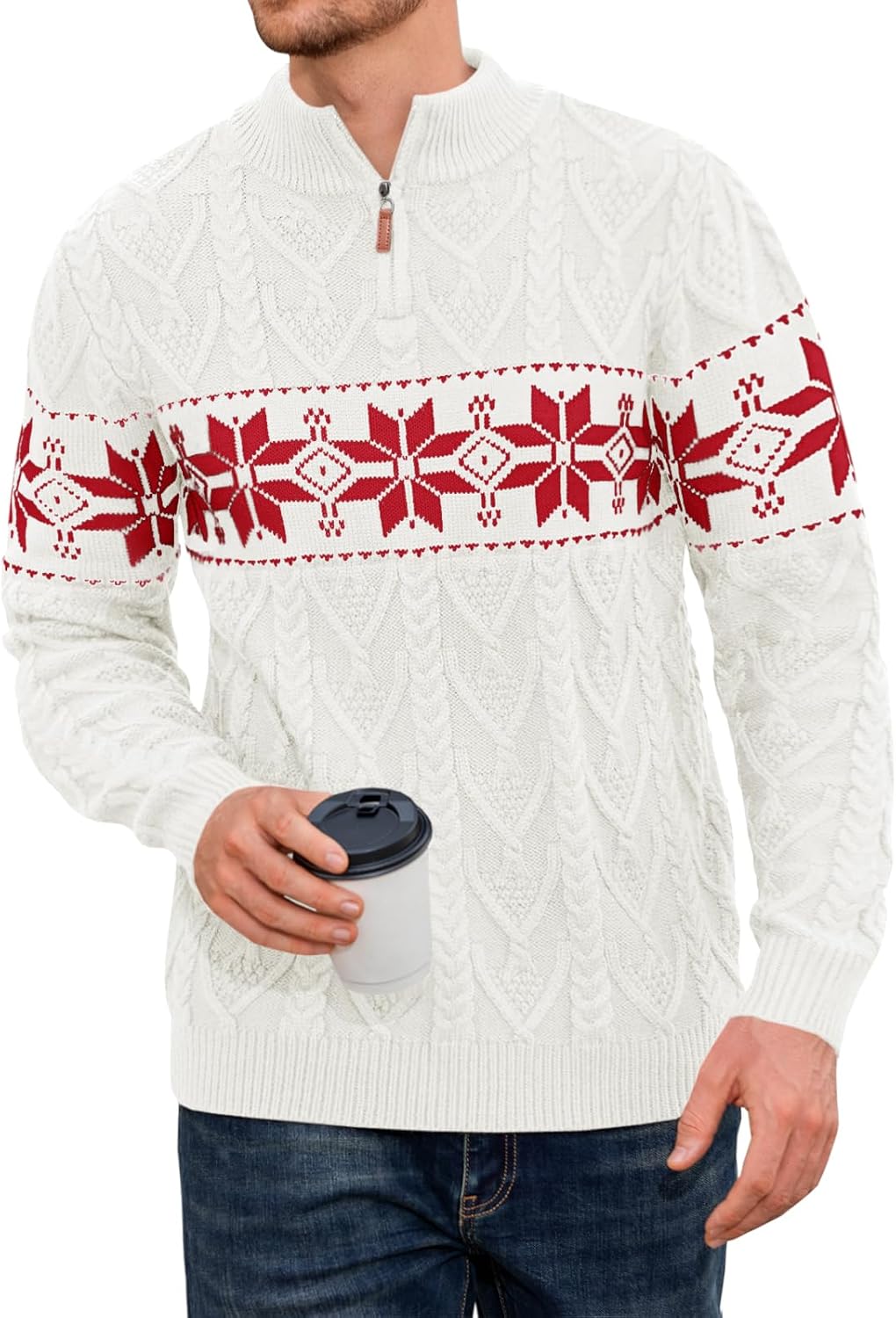 Makkrom Mens Ugly Christmas Sweater Quarter Zip Pullover Long Sleeve Snowflake Mock Neck Soft Knitted Sweaters