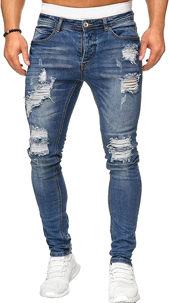 Mens Ripped Jeans Men's Slim Fit Jeans Stretch Destroyed Ripped Skinny Jean Side Striped Denim Pants