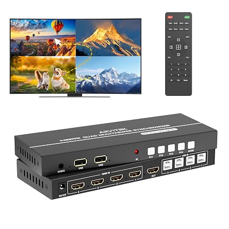4K HDMI KVM Switch 4x1 w/Hot-Key, Quad HDMI Multiviewer Switcher w/PIP, 4K@30Hz, 4 Computers Share 1 Monitor+2 USB Device, Quick View for Security Camera, PC, Laptop, Fire Stick, Roku