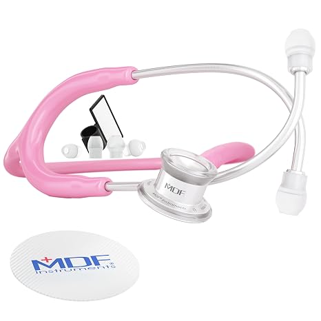 MDF Instruments, MD One Stainless Steel Premium Dual Head Infant-Neonatal Stethoscope,Pink Tube, Silver Chestpieces-Headset, MDF777I01