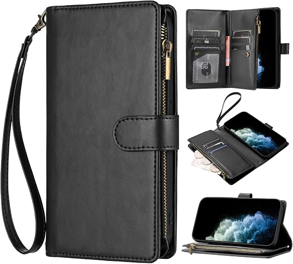 Compatible with Asus ROG Phone 9 FE 5G, Zipper Wallet Cover with Multiple Card Holder Slots Shockproof Kickstand Case with Wrist Strap-Black