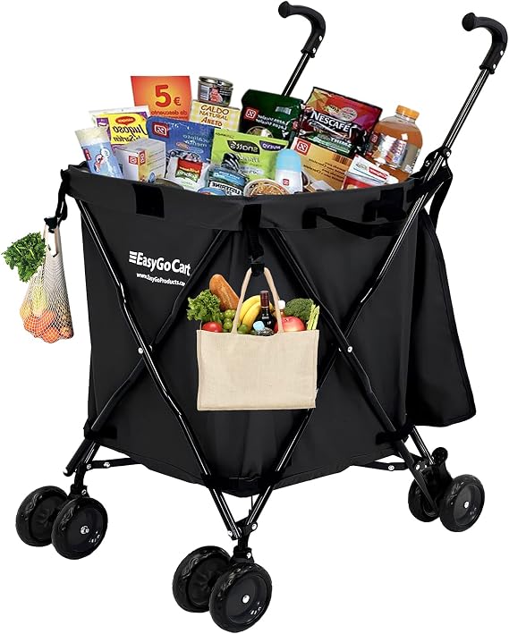 EasyGo Grocery Shopping Cart Laundry Basket Rolling Utility Cart with Wheels Removable Canvas Bag, Versa Wheels & Rear Brakes - Easy Folding 120lb Capacity Copyrighted, Black