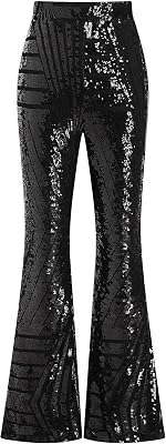 ODIZLI Womens Bell Bottom Sparkle Sequin Flare Pants Elastic High Waisted Bling Glitter Dance Pants