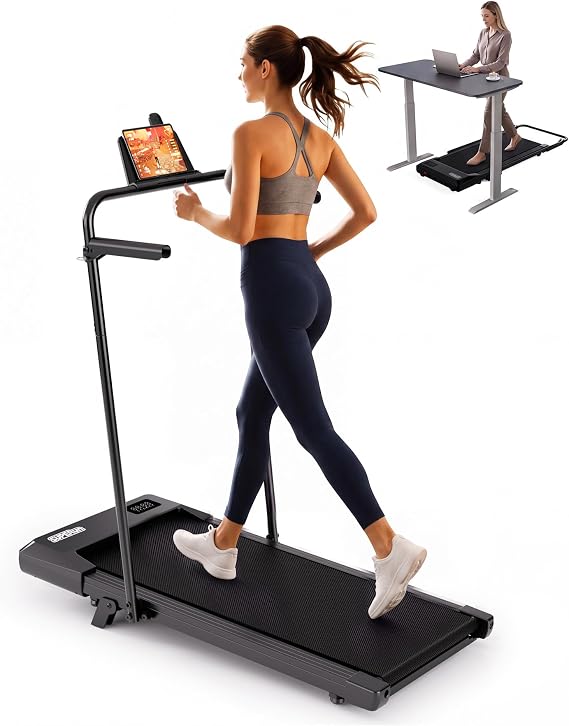 Superun 3 in 1 Under Desk Treadmill with Handrails and Incline, Portable Folding Walking Pad for Home Office, 2.5 HP Quiet Mini Treadmill with LED Display & Remote, 300 Lbs Capacity, Dark Black